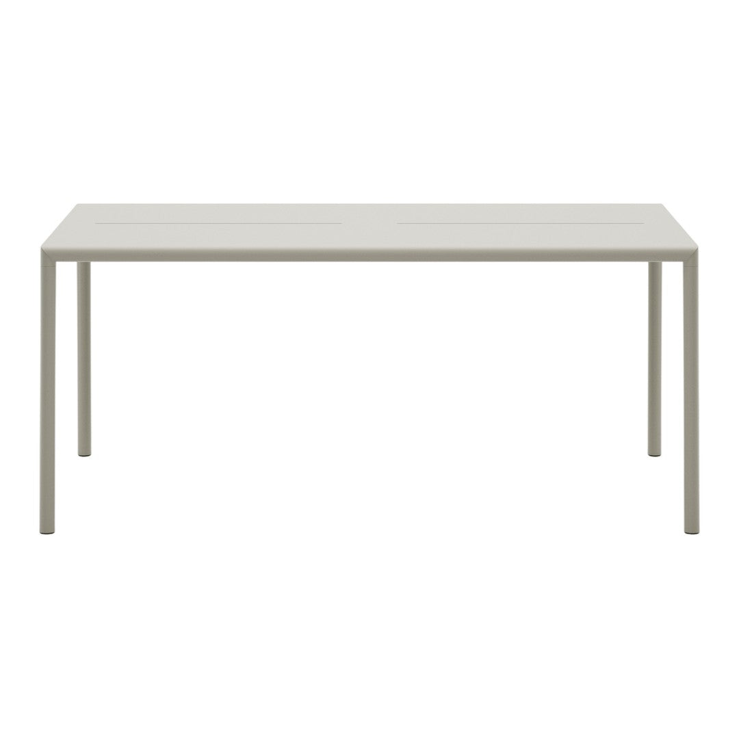 Light gray rectangular table with a smooth surface and minimalistic design, featuring sleek straight legs.