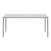 Light gray rectangular table with a smooth surface and minimalistic design, featuring sleek straight legs.