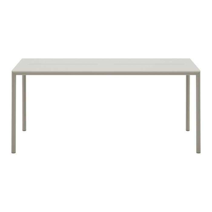 Light gray rectangular table with a smooth surface and minimalistic design, featuring sleek straight legs.