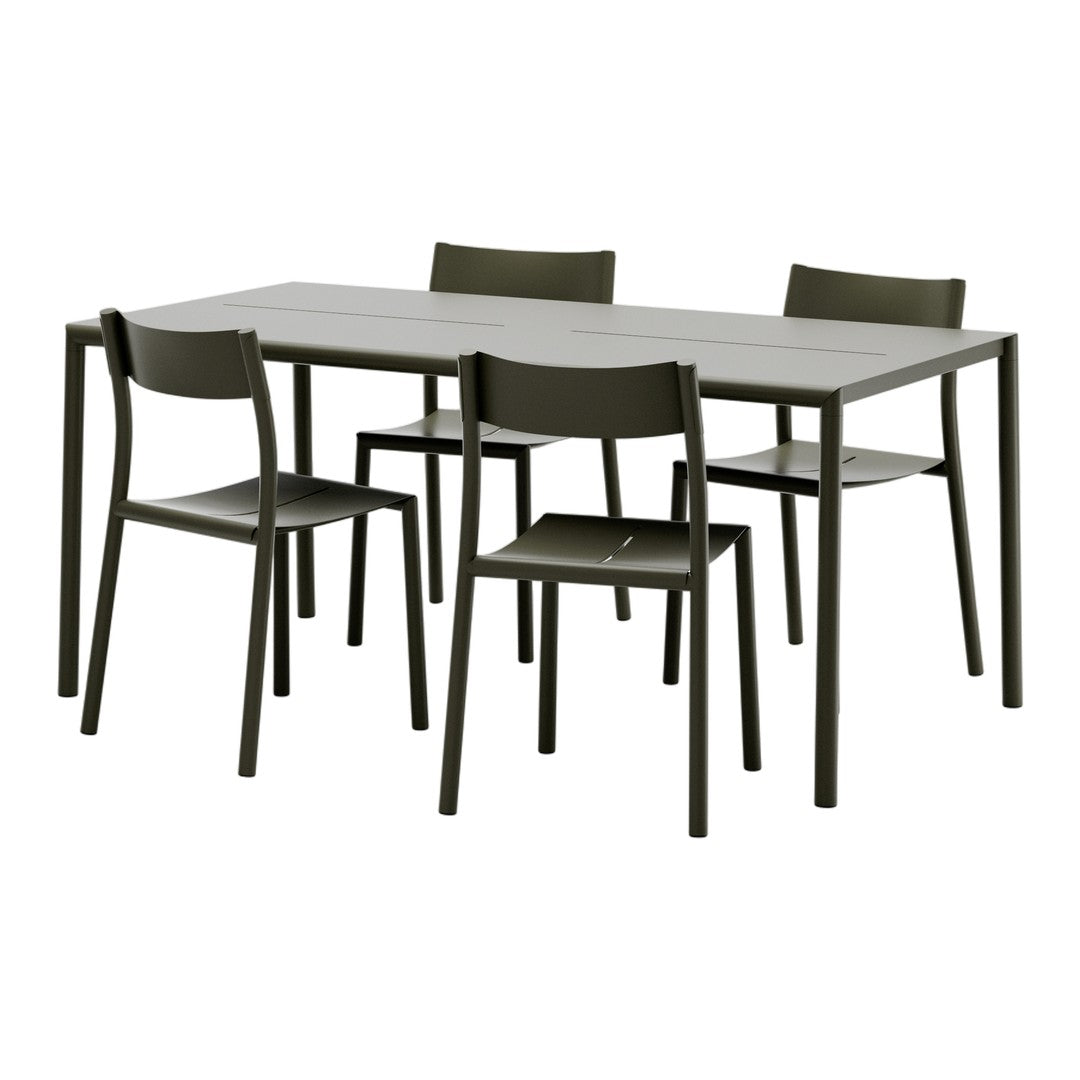 Modern green dining table set with four matching chairs, featuring a sleek design and simple, solid color.