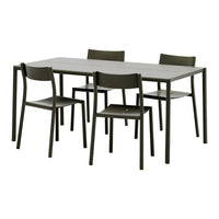 Modern green dining table set with four matching chairs, featuring a sleek design and simple, solid color.