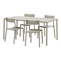 Light gray dining table with four matching chairs, showcasing a minimalist design and smooth surfaces.
