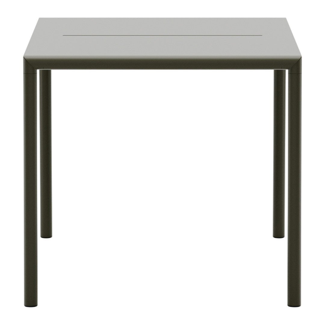 Square table in a soft grey finish with a sleek, modern design and matte surface. Perfect for minimalist decor.