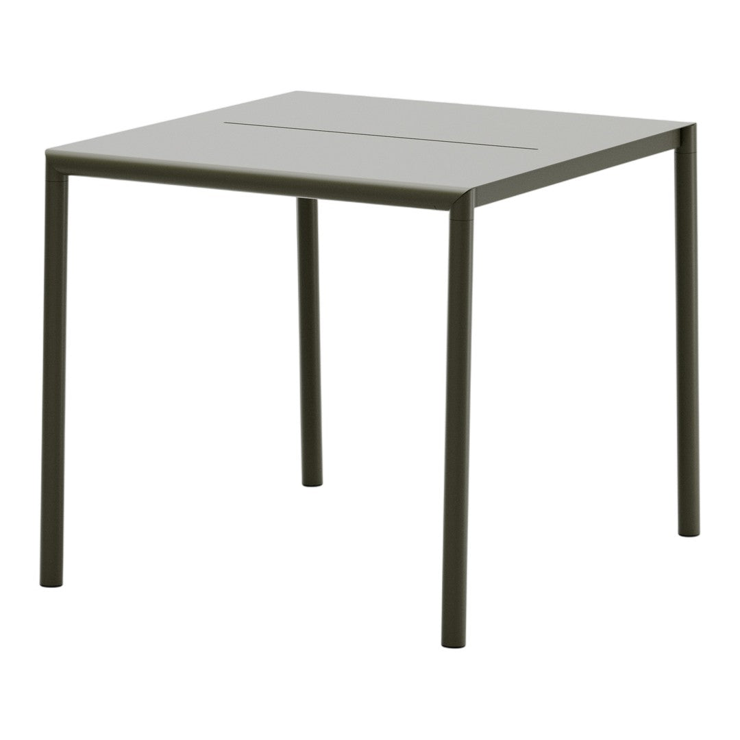 Square metal table in a muted olive green finish, featuring a smooth, minimalist design with subtle lines.