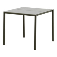 Square metal table in a muted olive green finish, featuring a smooth, minimalist design with subtle lines.