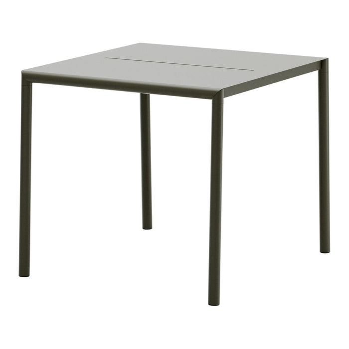 Square metal table in a muted olive green finish, featuring a smooth, minimalist design with subtle lines.