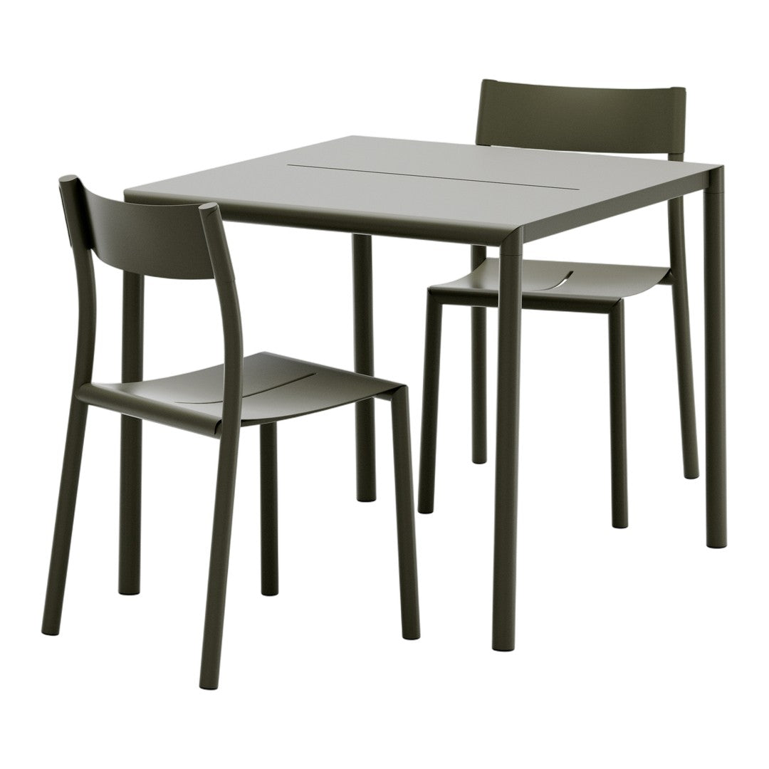 Green minimalist dining table and chairs set, featuring a sleek, solid pattern and matte finish. Perfect for modern spaces.