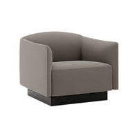 Gray upholstered swivel chair with a sleek black base and smooth, rounded design, perfect for modern interiors.
