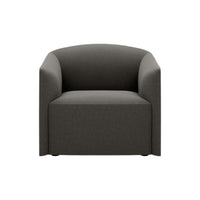 Elegant dark gray upholstered armchair with a minimalist, curved design for modern decor.