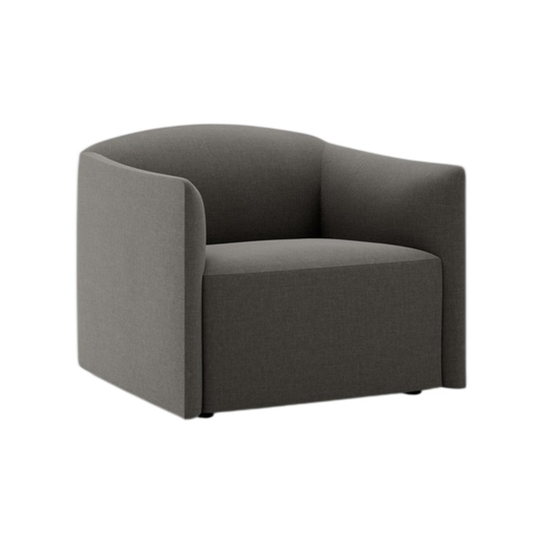 Gray upholstered armchair with a minimalist design and soft, smooth fabric. Ideal for modern interiors.