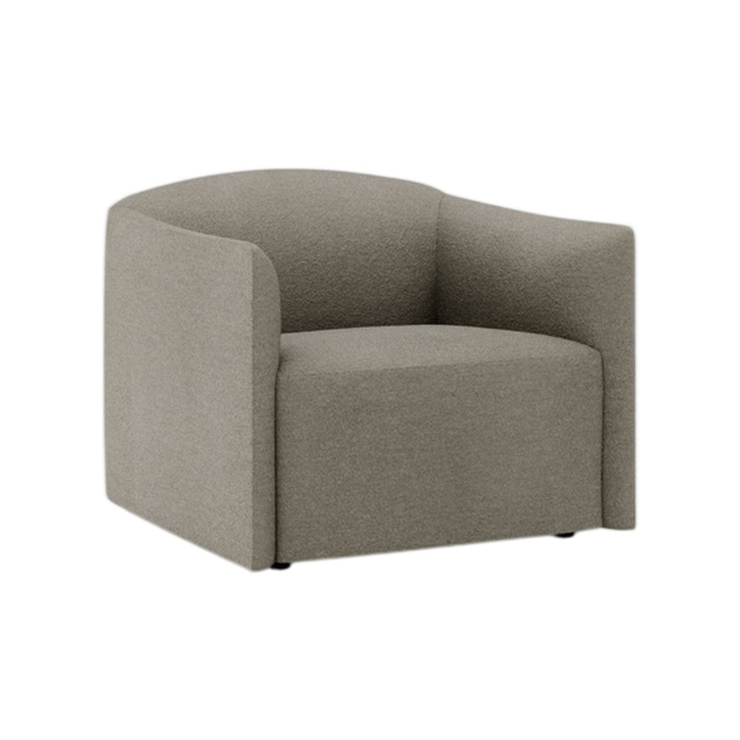 Contemporary gray upholstered armchair with a smooth, solid texture and minimalist design. Ideal for modern decor.