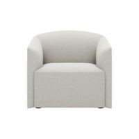 Light gray upholstered armchair with a smooth, minimalist design and curved edges, perfect for modern decor.