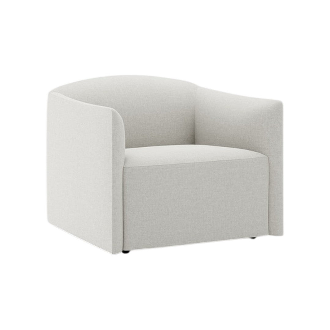 Light gray, textured fabric armchair with a curved design and minimalistic style, perfect for modern interiors.