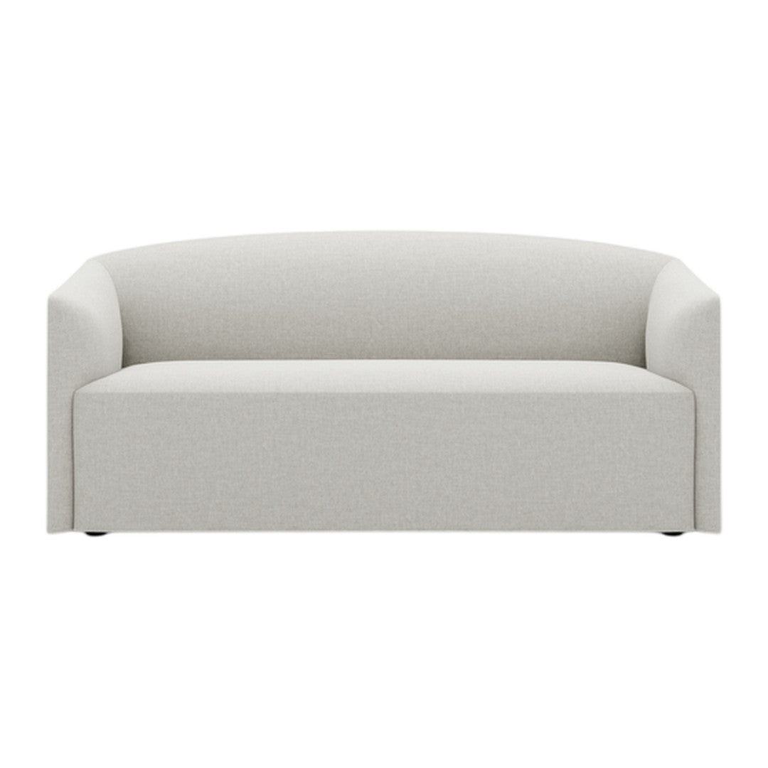 Light gray, upholstered sofa with smooth, minimalist design and rounded arms, perfect for modern interiors.