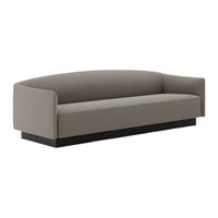 Gray upholstered sofa with a sleek, minimalistic design and smooth, monochromatic texture on a black base.