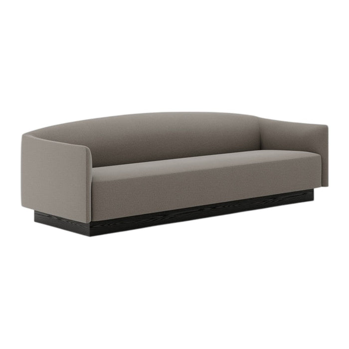 Gray upholstered sofa with a sleek, minimalistic design and smooth, monochromatic texture on a black base.