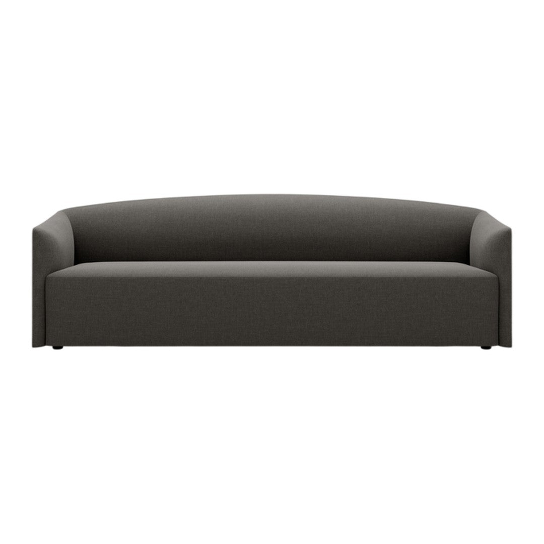 Modern gray upholstered sofa with a sleek, minimalist design and a smooth fabric texture. Perfect for contemporary spaces.