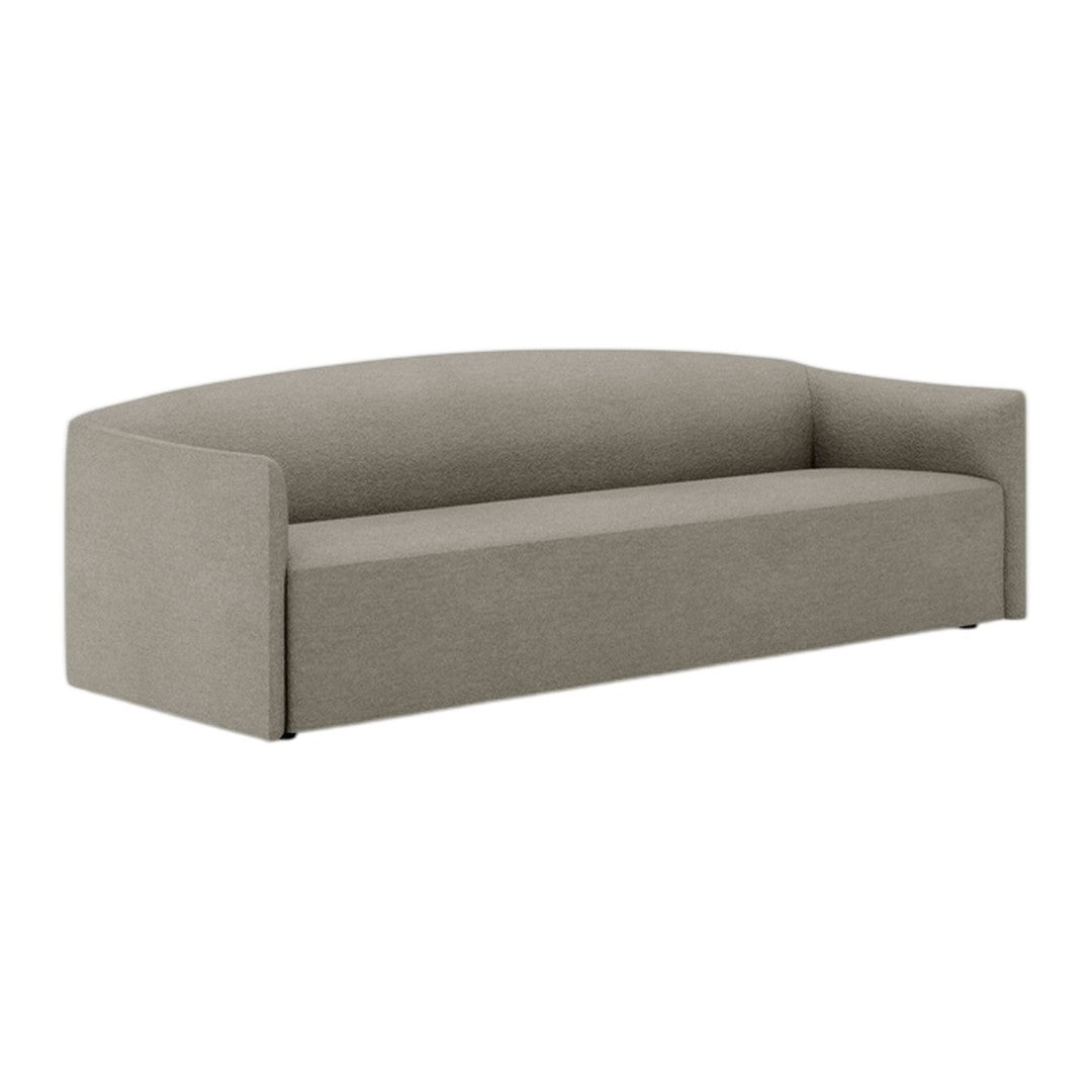Neutral taupe sofa with a smooth, solid fabric finish and minimalist design, perfect for modern interiors.