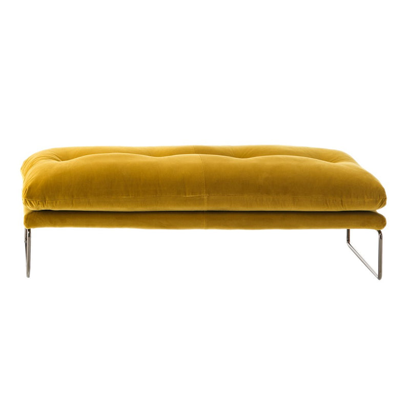 Velvet ottoman in rich mustard yellow with tufted design and sleek metal legs. Perfect for modern home decor.