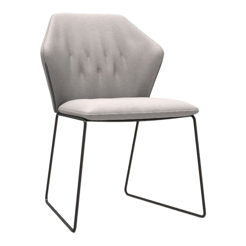 Light gray tufted chair with a geometric design and sleek black metal legs. Modern and stylish for any decor.