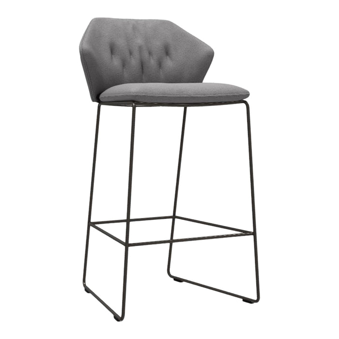 Modern gray upholstered bar stool with tufted backrest and sleek black metal legs. Perfect for contemporary spaces.