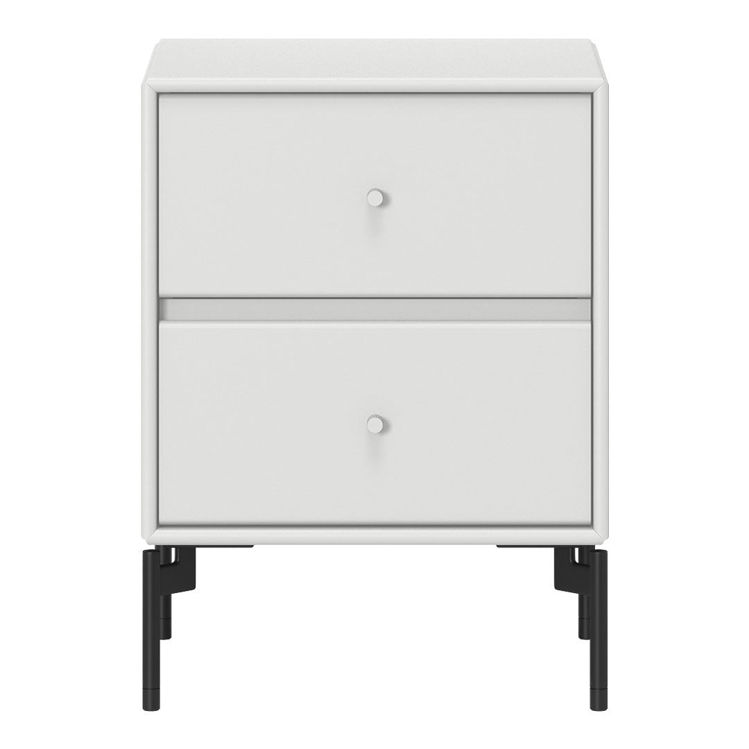 White modern nightstand with sleek black legs and minimalist design, featuring smooth surfaces and subtle texture.