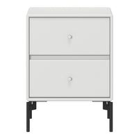 White modern nightstand with sleek black legs and minimalist design, featuring smooth surfaces and subtle texture.