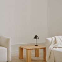 Soft beige sofa and throw, light wood table, black lamp, and neutral walls create a warm, modern living space.
