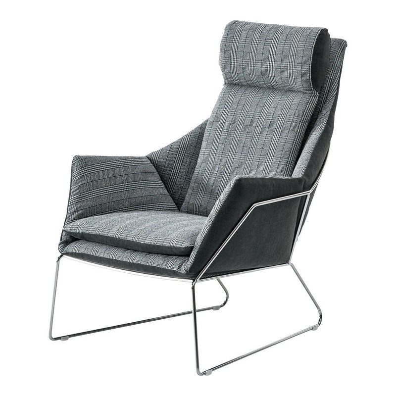 Gray upholstered armchair with a modern plaid pattern and sleek metal frame. Ideal for contemporary decor.