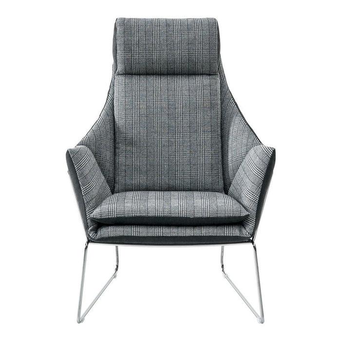 Gray upholstered armchair with a subtle striped pattern and sleek silver legs. Ideal for modern interiors.
