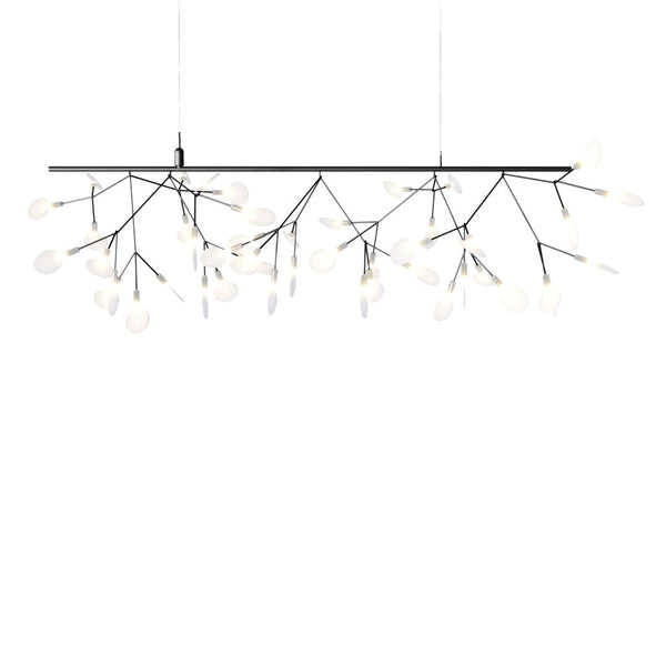 Black branch chandelier with white bulb accents against a clean white background, featuring a modern, minimalist design.