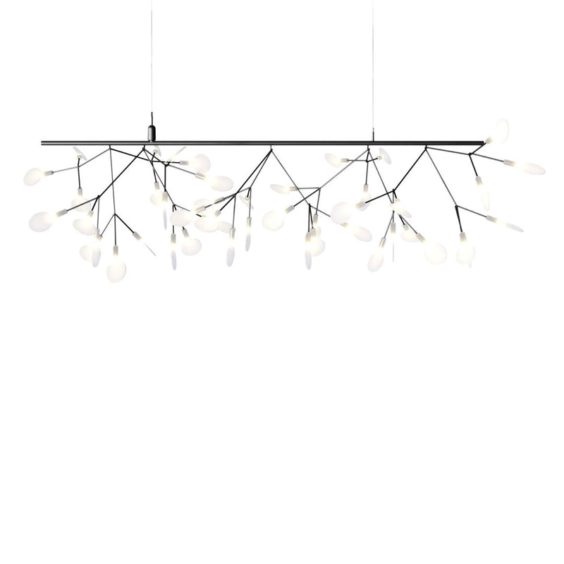 Black branch chandelier with white bulb accents against a clean white background, featuring a modern, minimalist design.
