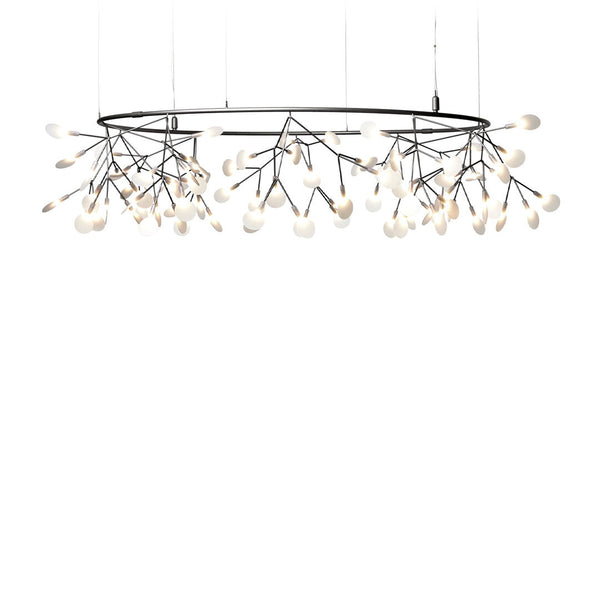 Modern chandelier with a black frame and delicate white glass accents, featuring a unique branch-like pattern.