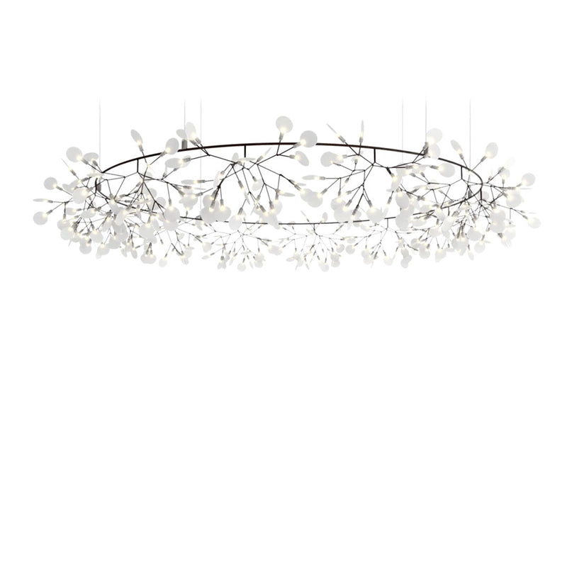 White floral chandelier with delicate branches, featuring an elegant modern design and soft, reflective surfaces.