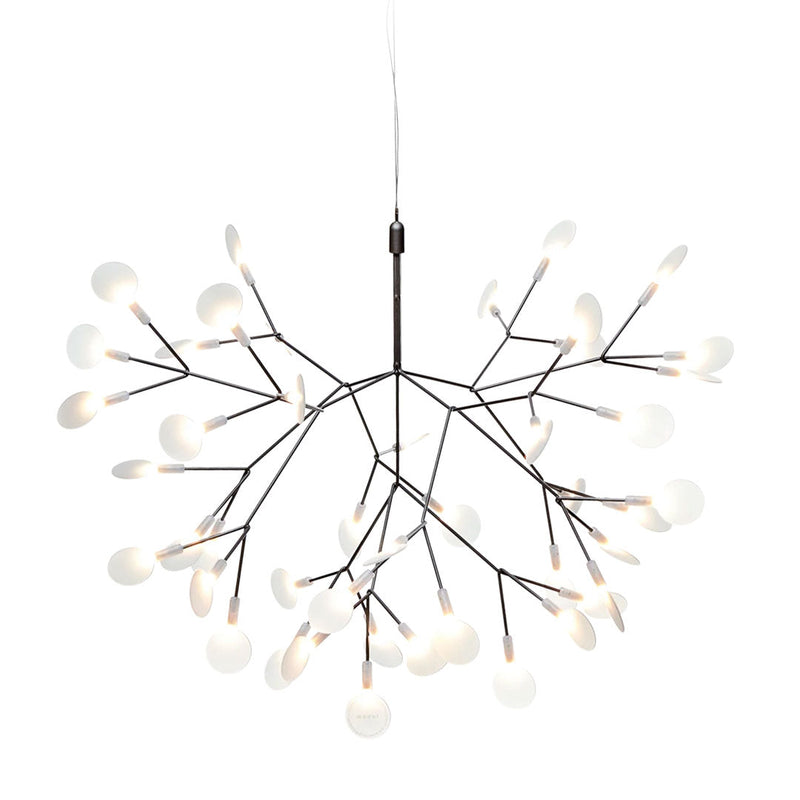 Modern black branch chandelier with white glass bulbs in an artistic, nature-inspired design. Perfect for stylish decor.