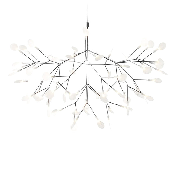 Modern chandelier with sleek silver branches and white glass globe accents, featuring a minimalist, contemporary design.