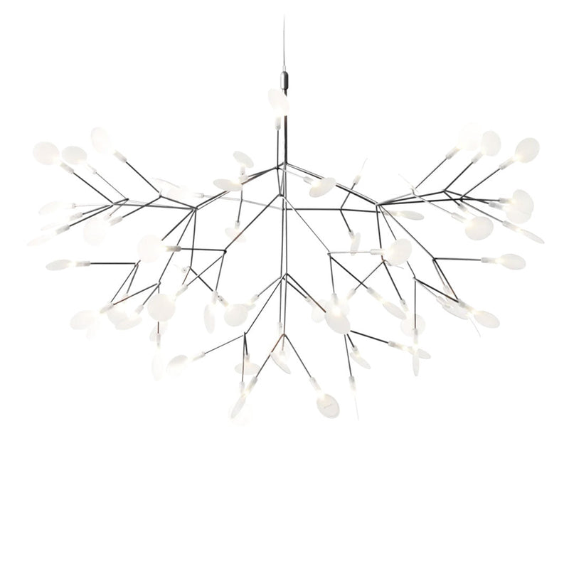 Modern chandelier with sleek silver branches and white glass globe accents, featuring a minimalist, contemporary design.