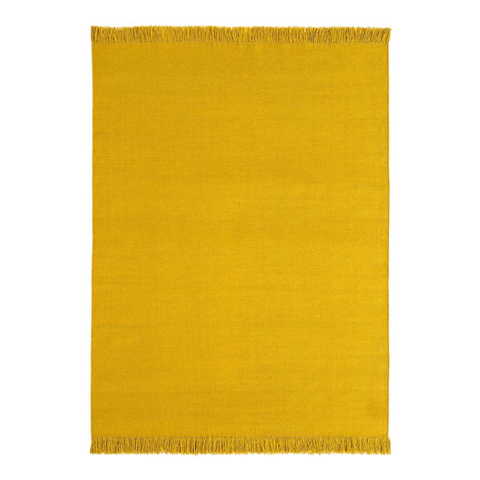 Bright yellow woven rug with fringe edges, featuring a solid color for a bold, modern look.
