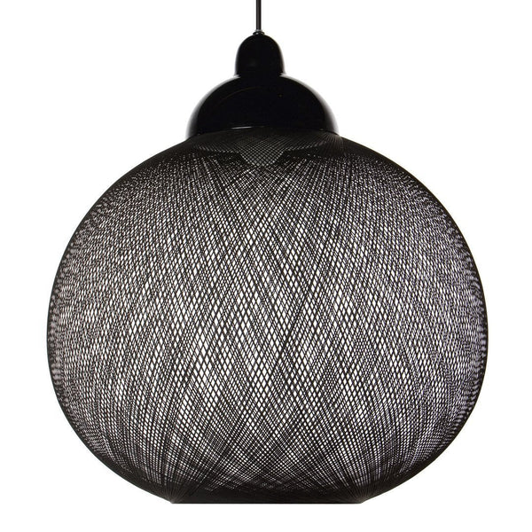 Black pendant lamp with intricate woven pattern and smooth round shape, perfect for modern decor.