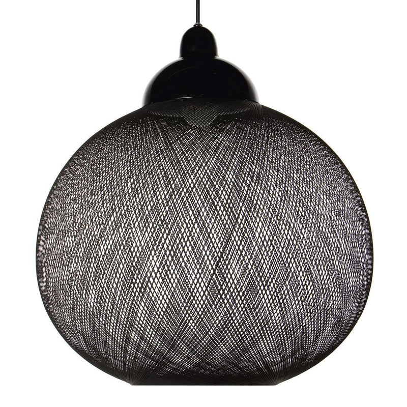 Black pendant lamp with intricate woven pattern and smooth round shape, perfect for modern decor.