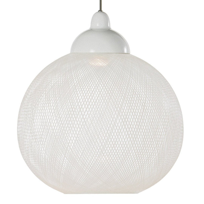 White wire mesh pendant light with a smooth white top, featuring elegant round shape and intricate patterns.