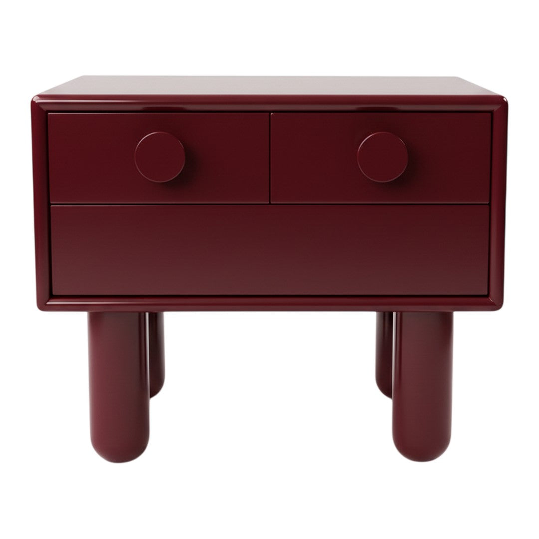 Burgundy bedside table with a glossy finish, featuring two round knobs and minimalist design.