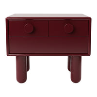 Burgundy bedside table with a glossy finish, featuring two round knobs and minimalist design.