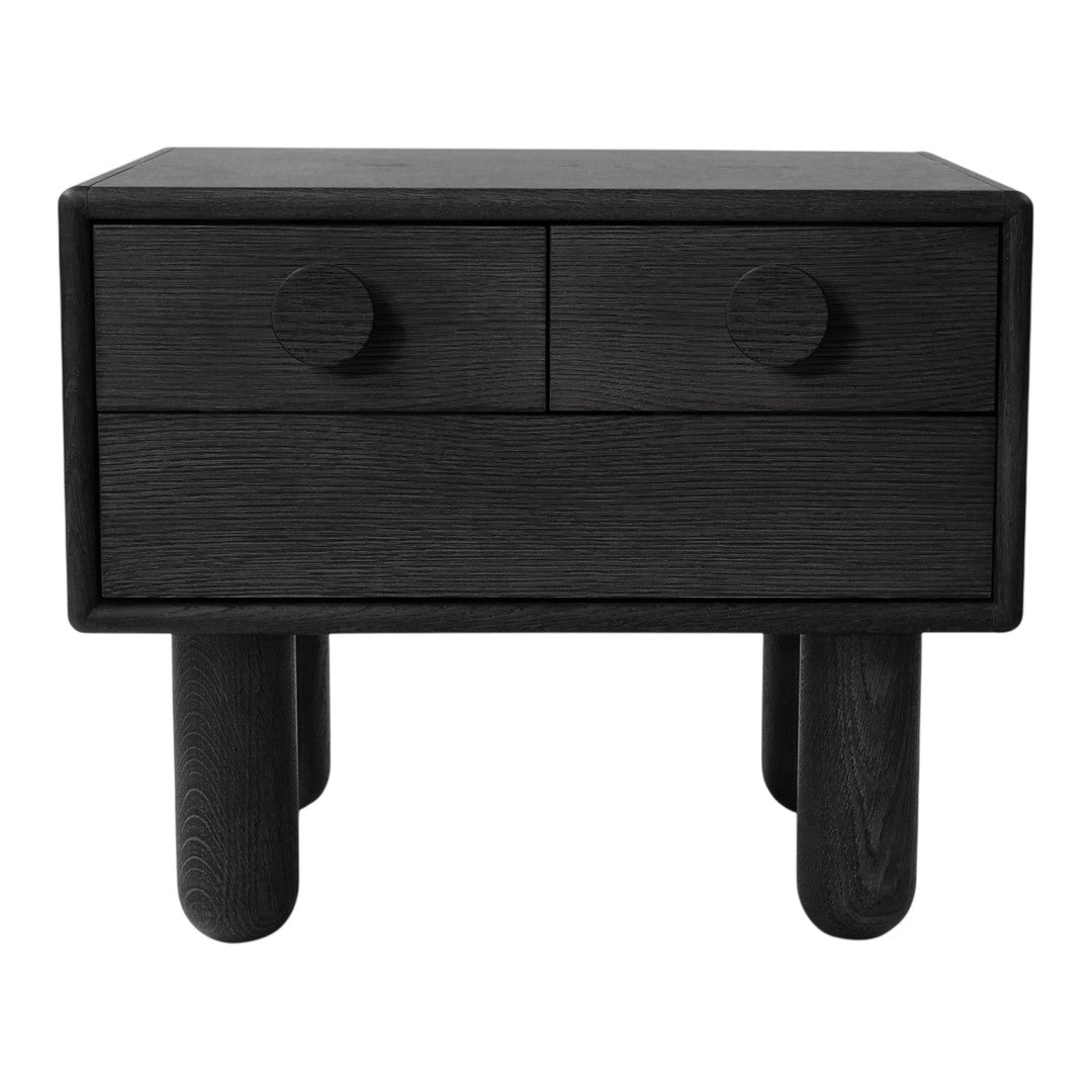 Black wooden nightstand with two drawers and rounded feet, featuring a sleek, minimalist design.