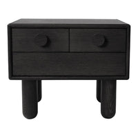 Black wooden nightstand with two drawers and rounded feet, featuring a sleek, minimalist design.