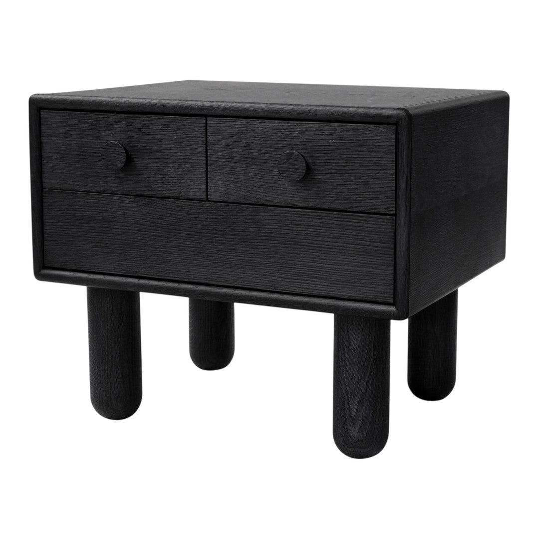 Black wooden nightstand with two drawers and round legs, showcasing a sleek, modern design. 