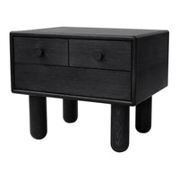 Black wooden nightstand with two drawers and round legs, showcasing a sleek, modern design. 