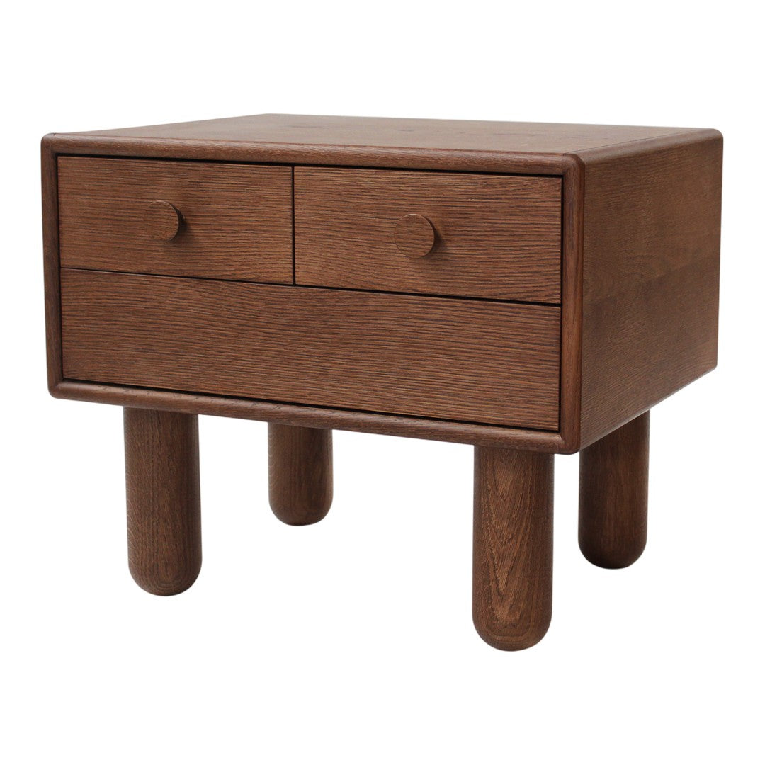 Brown wooden nightstand with two drawers and round legs, featuring a smooth finish and minimalist design.
