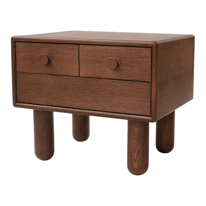 Brown wooden nightstand with two drawers and round legs, featuring a smooth finish and minimalist design.