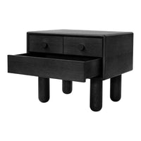 Black wooden nightstand with two drawers and round black legs, featuring a sleek, modern design.